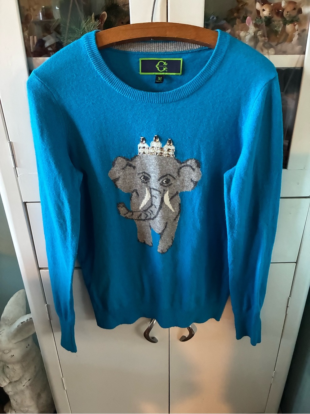 C Wonder sz M Blue Women's Sweater with Embellished Elephant Motif